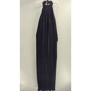 Lulus Women Gwenny Dark Navy Satin Plisse Maxi Dress Basic Sleeved X-Small